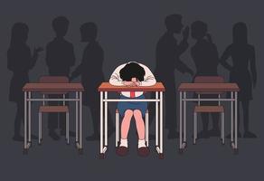 A girl student lies down on her desk and mourns. Dark classroom background and shadows of bullying children. hand drawn style vector design illustrations.
