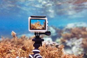 usando la cámara de acción en una caja impermeable para hacer fotos y videos bajo el agua