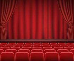 Rows of red cinema or theater seats in front of show stage vector