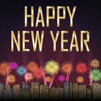 Happy new year with fireworks on city background vector