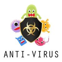 escudo antivirus con dibujos animados de virus vector