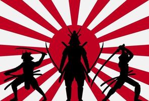 silueta, samurai, en, sol naciente, japón, bandera vector