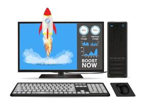 boost speed desktop computer with toy rocket vector