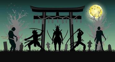 samurai attack zombie with japan style temple gate vector