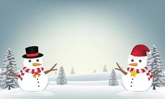 two snowmen in forest winter background vector