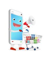 smartphone cartoon with megaphone and shopping cart vector