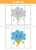 Cut and glue game for kids. Angry cloud with lightning. vector