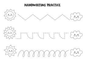 Tracing lines with black and white clouds and suns. Writing practice. vector