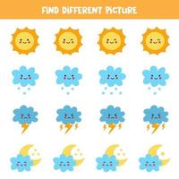 encuentre diferentes elementos meteorológicos en cada fila. juego de lógica para niños en edad preescolar. vector