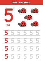 Tracing numbers worksheet with cute ladybugs. Trace number 5. vector