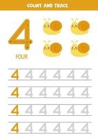 Tracing numbers worksheet with cute snails. Trace number 4. vector