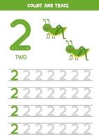 Tracing numbers worksheet with cute grasshopper. Trace number 2. vector