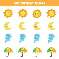 Find cute weather element which is different from others. Worksheet for kids. vector