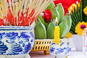 Incense pot and candles burning photo