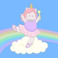 Unicorn dancing on a cloud with rainbow vector