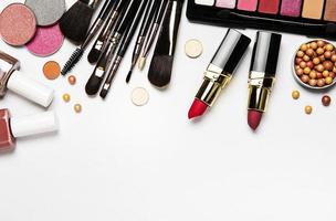 Cosmetics flat lay on a white background photo