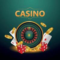 Realistic casino background with cards, chips and roulette wheel vector