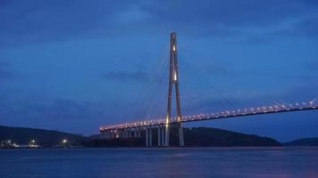 Russky Bridge at night in Vladivostok, Russia