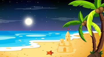 Beach at night time landscape scene with palm tree and sand castle vector