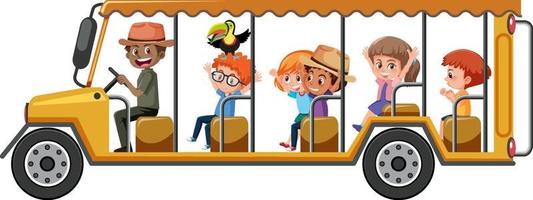 Zoo concept with children on tourist car isolated on white background vector