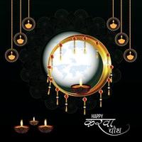 Happy Karwa Chauth festival card with diya and karwa chauth equipment and Background vector