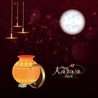 Happy Karwa Chauth festival card with diya and karwa chauth equipment and Background vector