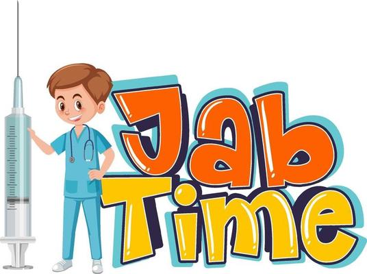 A doctor holding vaccine syringe with Jab Time font logo