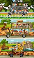 Set of different safari horizontal scenes with animals and kids cartoon character vector