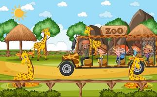 Children on tourist car watching giraffe group in the zoo scene vector