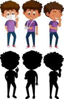 conjunto de un personaje de dibujos animados de niño en diferentes posiciones con su silueta vector