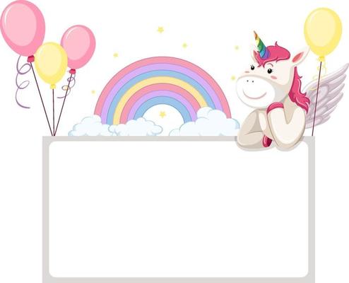 Blank banner with cute unicorns isolated on white background