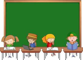 Empty blackboard with many kids doodle cartoon character isolated vector