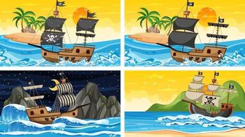 Set of ocean scenes at different times with Pirate ship in cartoon style vector