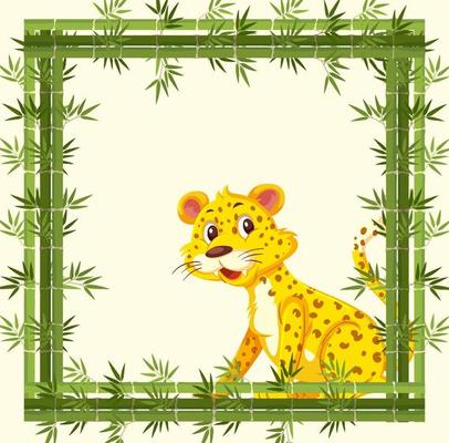 Empty banner with bamboo frame and leopard cartoon character