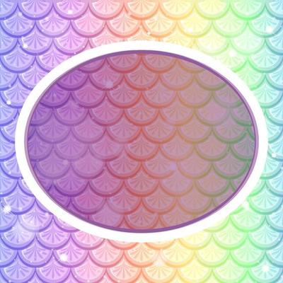Oval frame template on pastel rainbow fish scales background