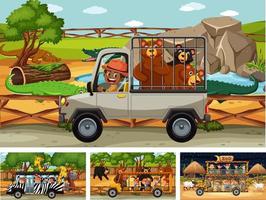 Different safari scenes with animals and kids cartoon character vector