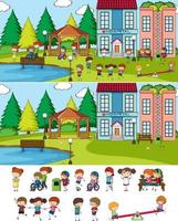 Conjunto de fondo de diferentes escenas horizontales con personaje de dibujos animados de niños doodle vector