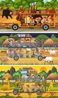 Set of different safari horizontal scenes with animals and kids cartoon character vector