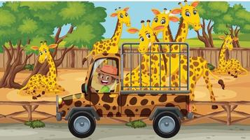 Escena de safari con muchas jirafas en un coche jaula. vector