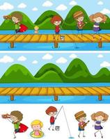 Conjunto de fondo de diferentes escenas horizontales con personaje de dibujos animados de niños doodle vector
