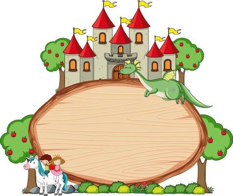Blank wooden banner with fairy tale cartoon character and elements isolated