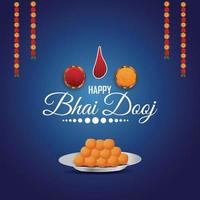 Indian festival happy bhai dooj celebration greeting card with creative pooja thali and kalash vector