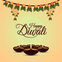 feliz tarjeta de felicitación del festival indio de diwali con diwali diya vector
