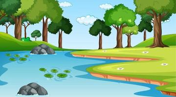 Nature forest landscape at daytime scene with river flowing through the forest vector