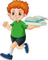 Happy boy cartoon character holding many books vector