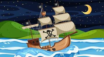 Ocean with Pirate ship at night scene in cartoon style vector