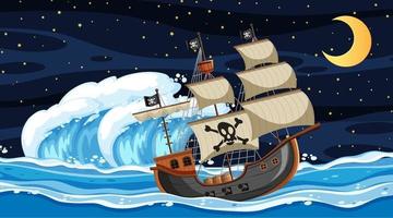 Ocean scene at night with Pirate ship in cartoon style vector