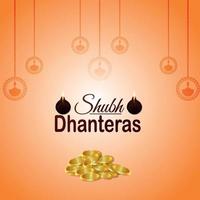 Tarjeta de felicitación de invitación feliz dhanteras con fondo y olla de monedas de oro creativas vector