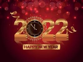 Vector illustration of happy new year 2022 golden text with golden wall clock