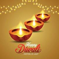 Happy diwali festival of lights with creative diya and golden ganesha vector